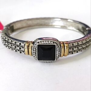 NWT Silver gold two tone hinged bangle bracelet with black stone